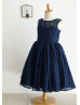 Navy Blue Lace Deep V Back Knee Length Flower Girl Dress